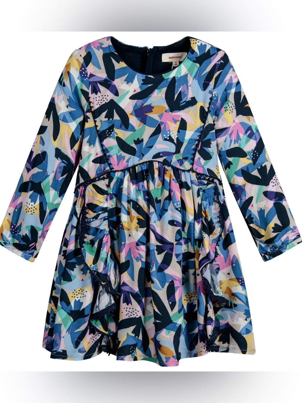NWT Catmini Girls' Navy Multicolor Floral-Print Long Sleeve Dress